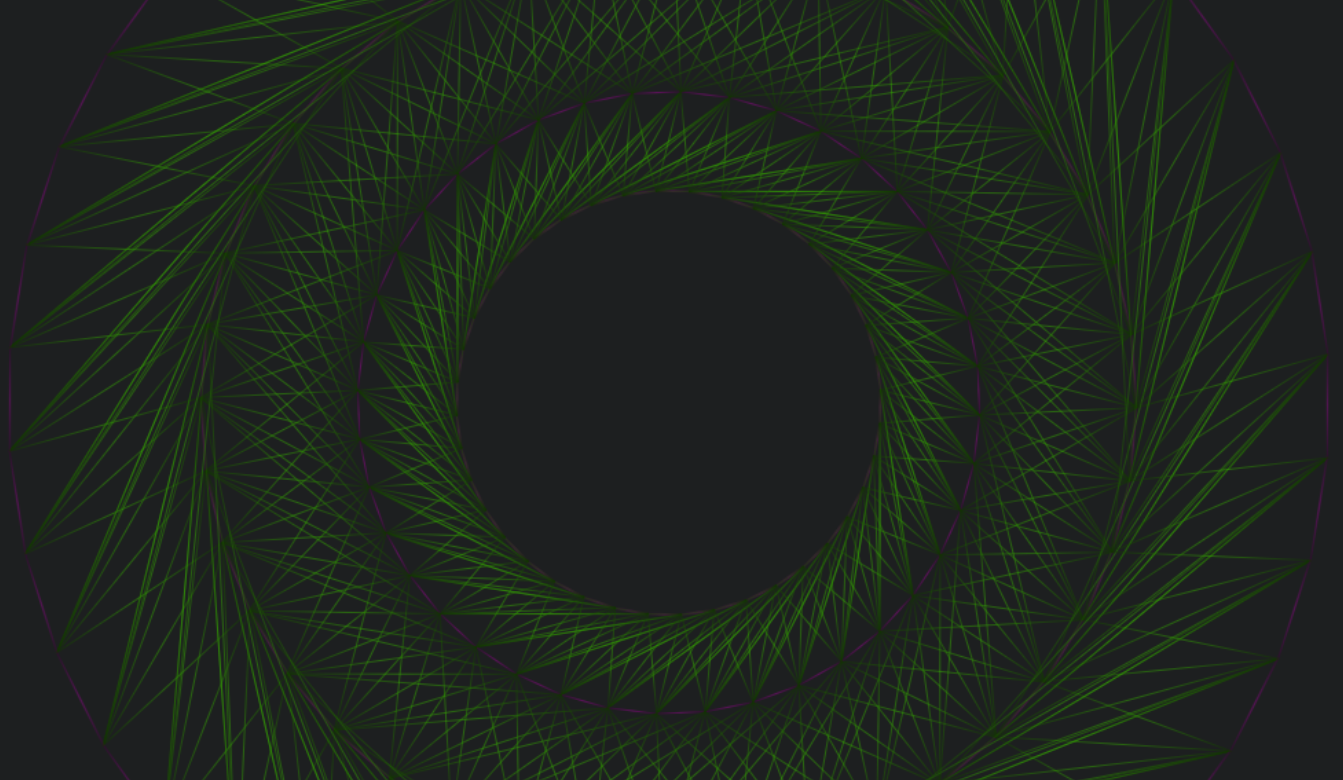 Image shows purple concentric circles connected by green lines, rotating and oscillating