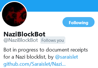 Twitter bot to document receipts for a Nazi blocklist