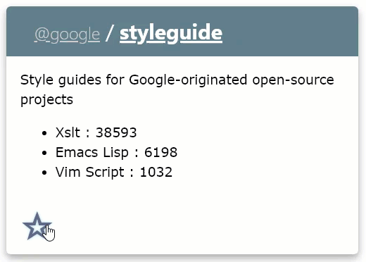 Demonstrating mouseover and click on repository star, pending state, error state, and unstar.