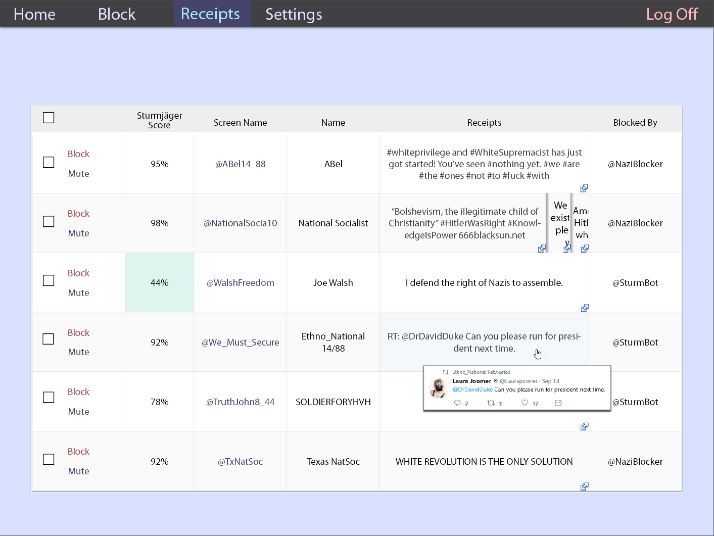 Receiptacle mockup of receipts database UI